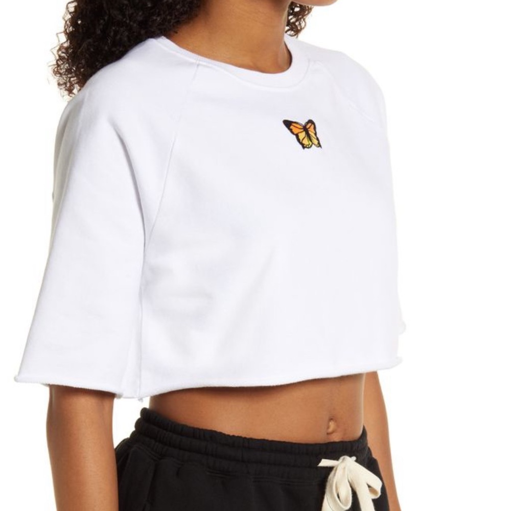 BP White Butterfly Emb Crop Sweatshirt